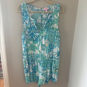 Sleeveless Blue Green Floral Romper with Tassel Tie Lilly Pulitzer